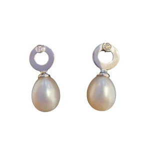 Pendientes Oro Blanco Con Diamante Y Perla